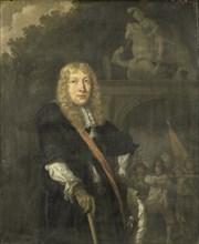 Portrait of an officer of the Leiden civic guard in front of the gate of the headquarters of the St