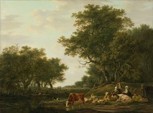 Landscape with Peasants with their Cattle and Anglers on the Water, Jacob van Strij, 1800 - 1810