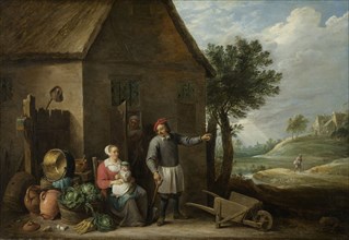 A peasant with his wife and child in front of the farmhouse, David Teniers, II, 1640 - 1670