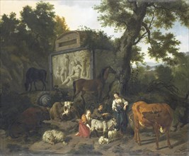 Landscape with Herdsmen and Livestock near a Mausoleum, Dirck van Bergen, 1660 - 1690