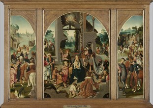Triptych with Adoration of the Magi, center and inner wings, Saint Antony Abbot, left, outer wing