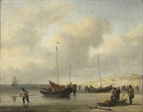 Fishing Boats on Shore, The Shore, Unloading a Fishing Smack, Willem van de Velde, II, 1650 - 1707