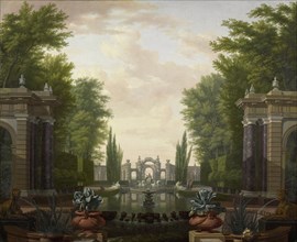 Water Terrace with Statues and Fountains in a Park, Isaac de Moucheron, 1700 - 1744