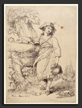 Mather Brown, Girl with a Pitcher, American, 1761 - 1831, c. 1805-1810, pen lithograph in black on