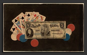 American 19th Century, Trompe l'Oeil: A Full House with Chips and a $5 Bill, c. 1895, watercolor