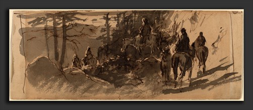 William Keith, In the Sierras, A Pack Train, American, 1839 - 1911, pen and brown ink with gray