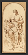 Benjamin West, Charity, American, 1738 - 1820, pen and brown ink with brown wash on gray paper