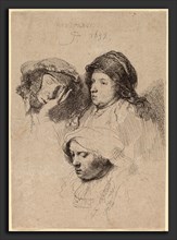 Rembrandt van Rijn (Dutch, 1606 - 1669), Three Heads of Women, One Asleep, 1637, etching