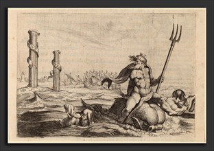 Willem Basse (Dutch, 1613 or 1614 - 1672), Neptune and the Pillars of Hercules, 1634, etching and
