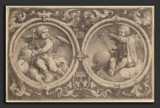Lucas van Leyden (Netherlandish, 1489-1494 - 1533), Two Cupids Seated on Clouds in Two Circles,