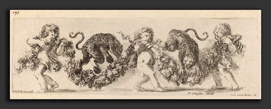 Stefano Della Bella (Italian, 1610 - 1664), Two Leopards Jumping a Festoon Supported by Children,