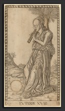 Master of the E-Series Tarocchi (Italian, active c. 1465), Euterpe, c. 1465, engraving with gilding