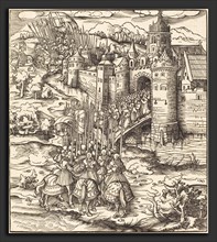 Leonhard Beck (German, c. 1480 - 1542), Various Men Kneeling on a Bridge in front of a Town,