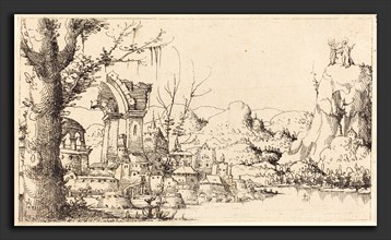 Augustin Hirschvogel (German, 1503 - 1553), River Landscape with the Temptation of Christ, 1545,
