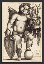 Sebald Beham (German, 1500 - 1550), Female Genius Holding a Coat of Arms, 1535, engraving