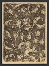 Heinrich Aldegrever (German, 1502 - 1555-1561), Scroll Ornament with Seated Child, 1532