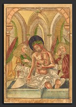 German 15th Century, Christ in the Tomb with Two Angels, 1490-1500, woodcut, hand-colored in red,