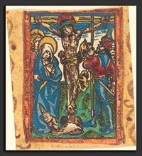 German 15th Century, The Crucifixion, c. 1490-1500, woodcut, hand-colored in red lake, blue,