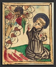 German 15th Century, Saint Francis of Assisi, 1450-1470, woodcut, hand-colored in red lake, green,