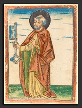 German 15th Century, Saint Peter, 1480-1490, woodcut, hand-colored in orange-red lake, green,