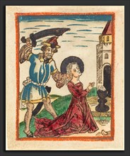 German 15th Century, Martyrdom of Saint Barbara, 1480-1490, woodcut in brown, hand-colored in red
