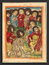 German 15th Century, Christ Washing the Apostles' Feet, c. 1480, woodcut in brown, hand-colored in