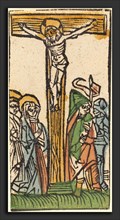 German 15th Century, The Crucifixion, c. 1500, woodcut, hand-colored in blue, green, yellow, and