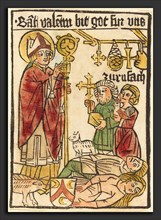 German 15th Century, Saint Valentine, 1470-1480, woodcut, hand-colored in red lake, green, yellow,
