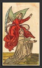 German 15th Century, A Monk with an Angel, 1480-1490, woodcut, hand-colored in red, olive-gray,