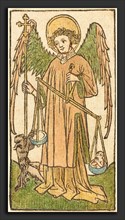 German 15th Century, Saint Michael, c. 1430-1440, woodcut, hand-colored in olive green, rose,