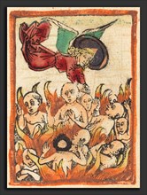 German 15th Century, Purgatory, c. 1480, woodcut, hand-colored in orange, red lake, green, yellow,
