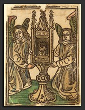 German 15th Century, A Monstrance Held by Two Angels, 1495-1500, woodcut, hand-colored in green,