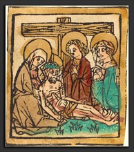 German 15th Century, The Lamentation, c. 1460, woodcut, hand-colored in red lake, green, tan, and
