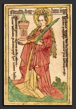 German 15th Century, Saint Barbara, 1440-1460, woodcut, hand-colored in red lake, yellow, green,