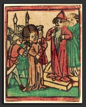 German 15th Century, Caiaphas Tearing his Clothes, probably 1449, woodcut, hand-colored in red