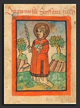 German 15th Century, Saint Stephen, 1450-1470, woodcut, hand-colored in orange, green, blue and