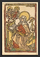 German 15th Century, Saint Bridget, c. 1480-1500, woodcut, hand-colored in orange, yellow, gray,