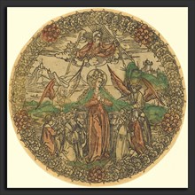 German 15th Century, Madonna in a Wreath of Roses, 1490-1500, woodcut, hand-colored in red lake,