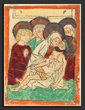 German 15th Century, The Lamentation, 1470-1480, woodcut, hand-colored in green, red, pink, yellow,