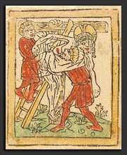 German 15th Century, The Deposition, c. 1475, woodcut, hand-colored in orange-red, yellow, and