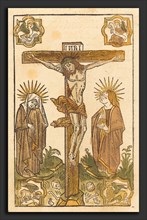 German 15th Century, Christ on the Cross, c. 1485, woodcut, hand-colored in brown, tan, ochre,