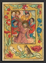 German 15th Century, Christ Bearing the Cross, c. 1500, woodcut, hand-colored in mauve, red, blue,