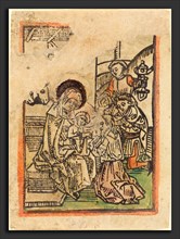 German 15th Century, The Adoration of the Magi, c. 1485, woodcut, hand-colored in orange, green,