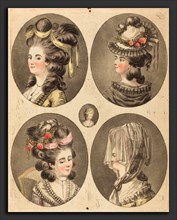 Jean-FranÃ§ois Janinet (French, 1752 - 1814), Modeles de coiffures, color crayon manner etching