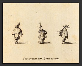 Jacques Callot (French, 1592 - 1635), Lady with Dress Gathered Up, and Two Gentlemen, probably