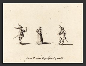Jacques Callot (French, 1592 - 1635), Lady with Wine Bottle, and Two Gentlemen, probably 1634,