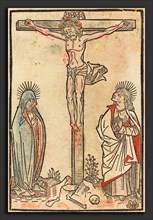 French 15th Century, Christ on the Cross, c. 1490, woodcut, hand-colored in red, light blue, and