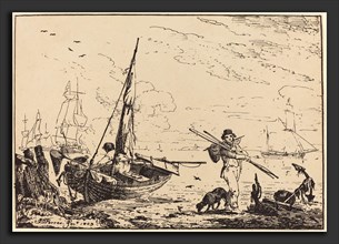 John Thomas Serres (British, 1759 - 1825), Marine: Fishing Boats on Shore, Man with Oars, Ship in