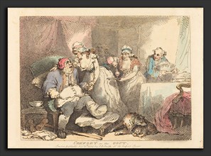 Thomas Rowlandson (British, 1756 - 1827), Comfort in the Gout, 1785, hand-colored etching