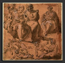 Cesare Pollini (Italian, c. 1560 - c. 1600), Studies of a Holy Family, pen and brown ink with brown